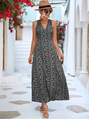 Ditsy Black White Floral Open Back Halter Flowy Maxi Dress Cottagecore